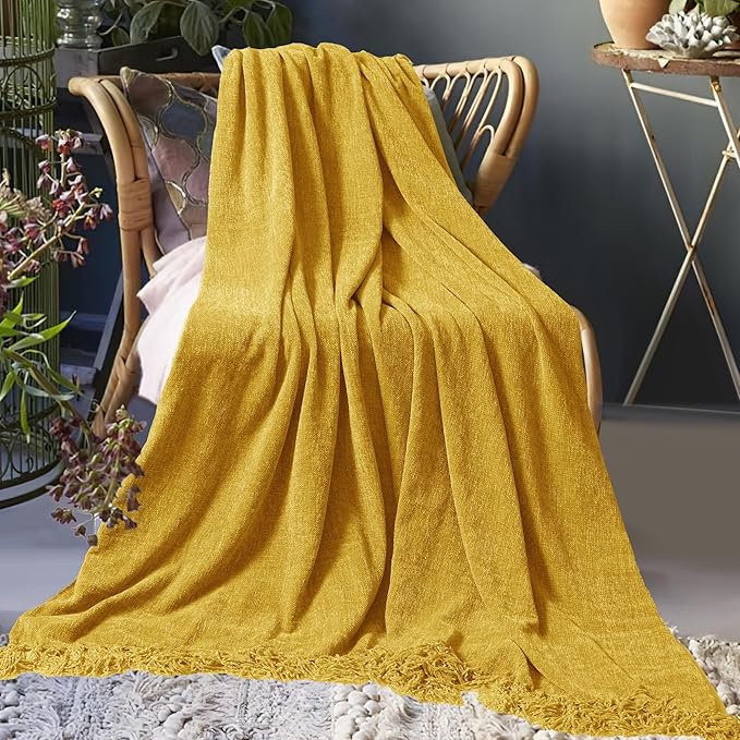 Chenille Throw Blanket for Couch 60"X 80" Twin, Soft Cozy Throws with Fringe Tassel for Bed Sofa Chair Cover, Lightweight Knitted Decorative Boho Blankets for Living Room, Yellow
