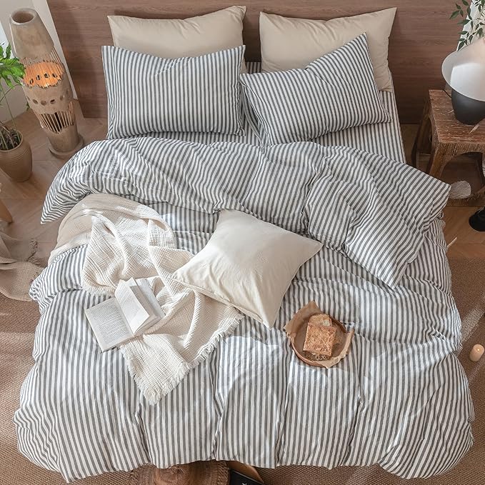 MooMee Striped Duvet Cover Set 100% Washed Cotton Linen Like Textured Breathable Durable Soft Comfy (Dark Grey White Classic Stripes, Queen 90"x90")