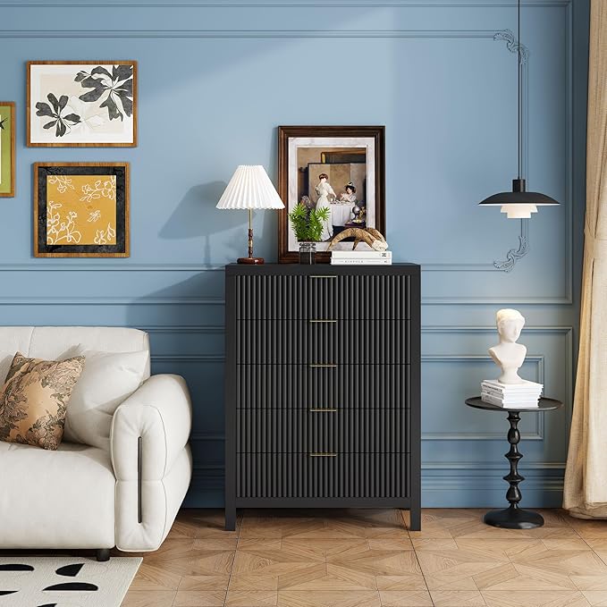 43" 5 Drawer Dresser Tall Dresser Organizer TV Drawer Cabinet Modern Wood Storage Cabinet, Modern Wood Storage Cabinet for Bedroom, Hallway, Entryway, Black