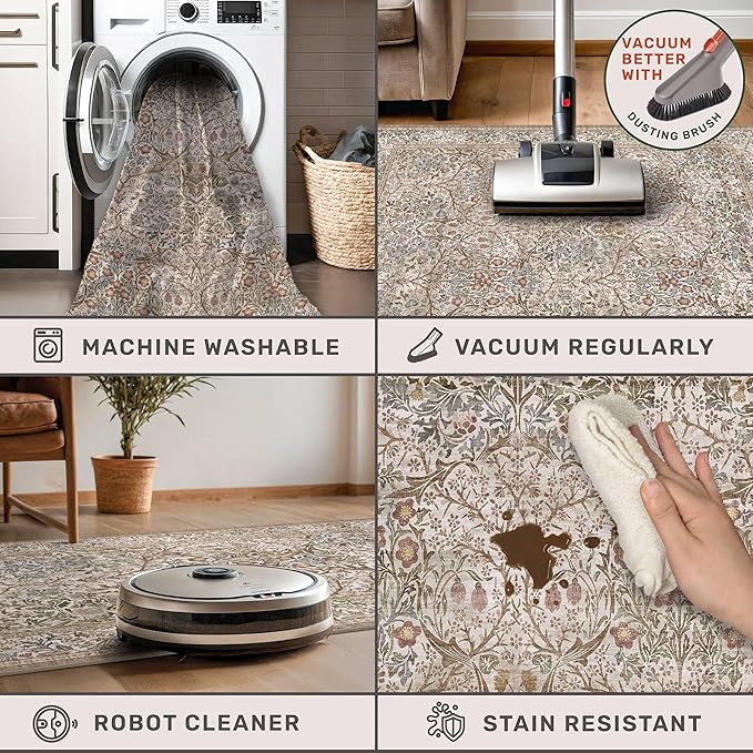 5x7 Washable Moss Green Oriental Area Rug for Living Room - Dining Room Rugs for Under Table, Home Office, Low Pile Non-Slip Floor Carpet for Bedroom - Vintage Brown Design & Stain Resistance