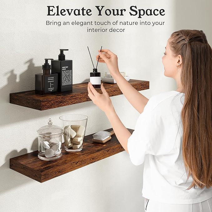 Floating Shelves for Wall, 7.9" Deep Wall Mounted Wood Shelves for Bathroom, Bedroom, Living Room, Kitchen, Hanging Shelf for Books/Storage/Room Decor (Brown, 16")