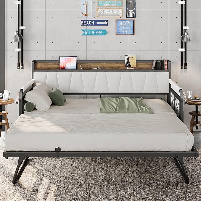 LIKIMIO Daybed with Trundle Bed, Twin Bed Frame with Storage Headboard and Charging Station, Sofa Day Bed with Strong Supports for Living Room, Bedroom, and Guest Room, Beige
