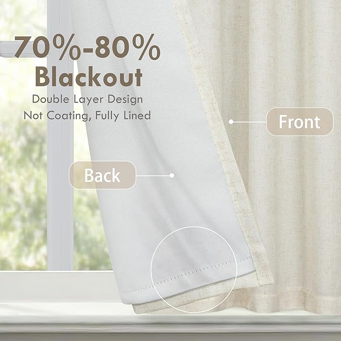 DriftAway Double Layer Linen Blackout Tie Up Curtains Thermal Insulated Fully Lined Balloon Roman Shade Bathroom Window Adjustable Rod Pocket for Small Window 45 Inch by 63 Inch Light Linen