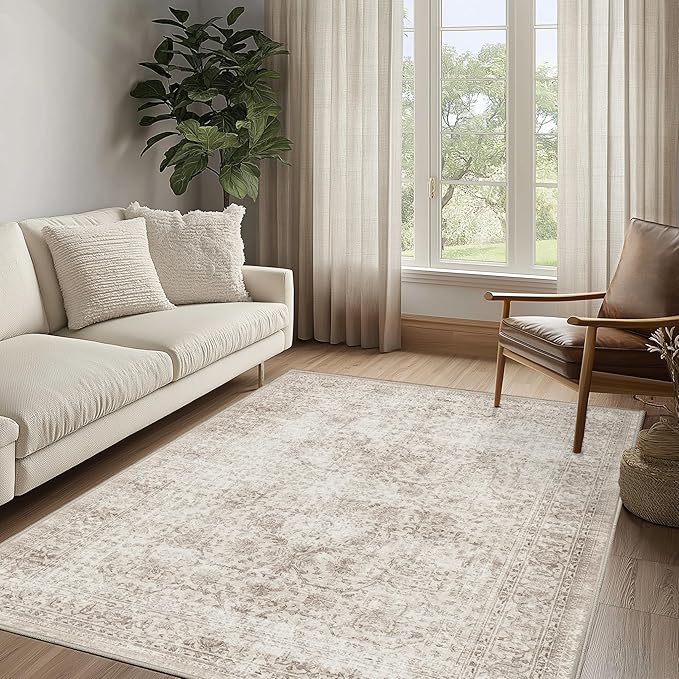 FMFUNCTEX 3x4 Washable Area Rug Beige Vintage Neutral Non Slip Low Pile Traditional Retro Indoor Carpet for Entryway Entrance Soft Floral Throw Rug Living Room Bedroom Kitchen Dining Office Laundry