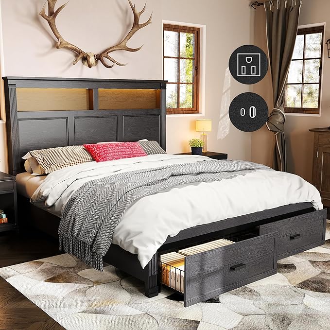 53" Tall Queen Bed Frame with Headboard and Storage, 2 Drawers and LED Built in Charging Station Bed Frame Queen Size with Farmhouse Roman Column Decoration,No Box Spring Needed (Black)