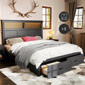 53" Tall Queen Bed Frame with Headboard and Storage, 2 Drawers and LED Built in Charging Station Bed Frame Queen Size with Farmhouse Roman Column Decoration,No Box Spring Needed (Black)