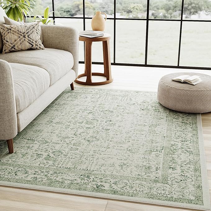 Sage Green Area Rug 3x5 Washable Office Entryway Carpet Vintage Distressed Non Slip Kitchen Indoor Entry Neutral Low Pile Retro Floral Farmhouse Throw Mat for Laundry Dining Room Bedroom