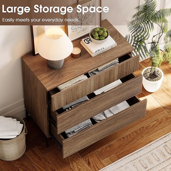 WAMPAT 31.5" W Fluted Dresser for Bedroom, Modern 3 Drawer Dresser TV Stand with Hidden Handles, Wooden Chest of Drawers Closet Clothes Storage Organizer for Bedroom, Living Room, Light Walnut