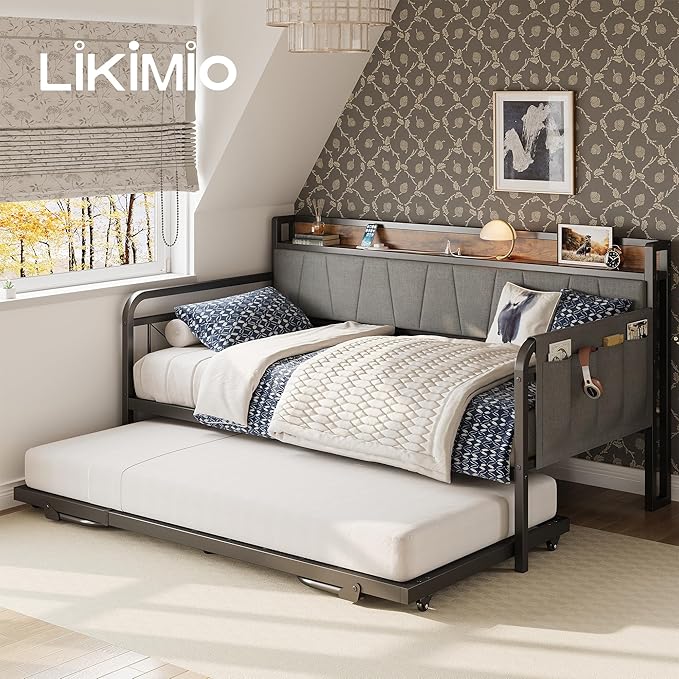 LIKIMIO Daybed with Trundle Bed, Twin Bed Frame with Storage Headboard and Charging Station, Sofa Day Bed with Strong Supports for Living Room, Bedroom, and Guest Room, Grey