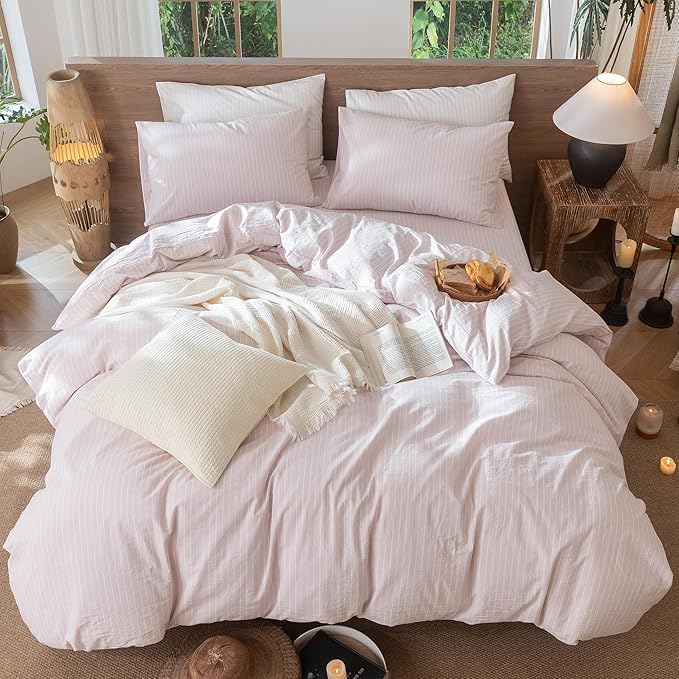 MooMee Striped Duvet Cover Set 100% Washed Cotton Linen Like Textured Breathable Durable Soft Comfy (Heathered Greyish Pink White Wide Stripes, Cal King 104"x98")