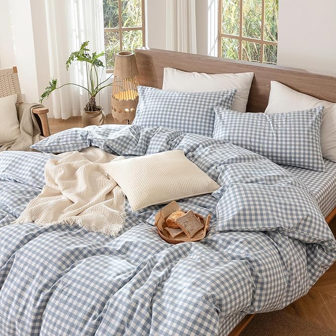 MooMee Gingham Duvet Cover Set 100% Washed Cotton Linen Like Textured Breathable Durable Soft Comfy Modern Checkered Design (Classic Gingham Cornflower Blue, Cal King 104"x98")