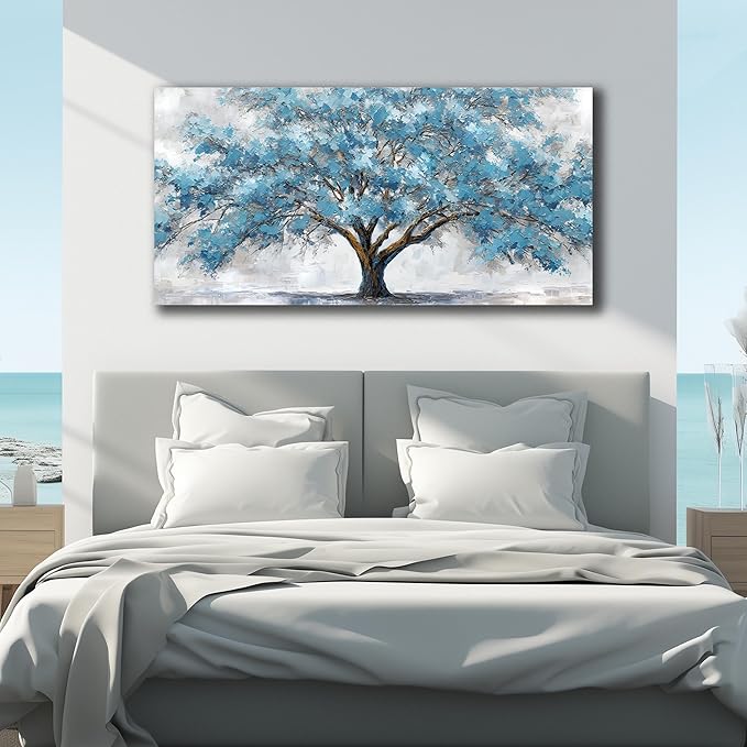 JuhaiArt Teal Wall Decor Tree Wall Art for Living Room Bedroom Home Office White Canvas Picture 24" x 48" modern Prints Art
