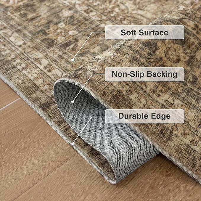 FMFUNCTEX 5ft Round Washable Area Rug Brown Vintage Neutral Distressed Non Slip Carpet for Living Room Bedroom Soft Low Pile Indoor Mat Retro Floral Throw Rug for Dining Room Office Nursery Bedside