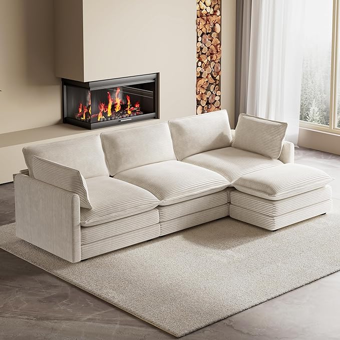 ROWHY 104'' Modular Sectional Cloud Couch with Movable Ottoman, 4 Seat Modern Corduroy Sofa, Deep Seat L Shaped Couch for Living Room Bedroom Apartment, Beige