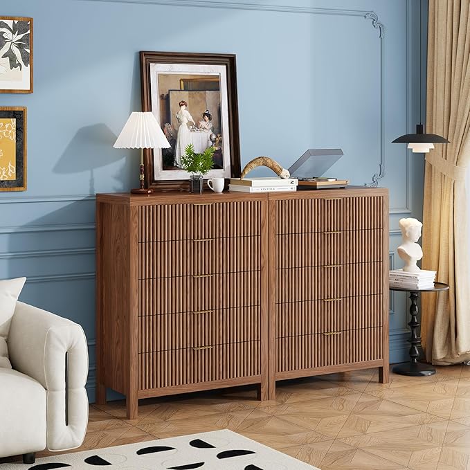 43" 5 Drawer Dresser Tall Dresser Organizer TV Drawer Cabinet Modern Wood Storage Cabinet, Modern Wood Storage Cabinet for Bedroom, Hallway, Entryway, Walnut