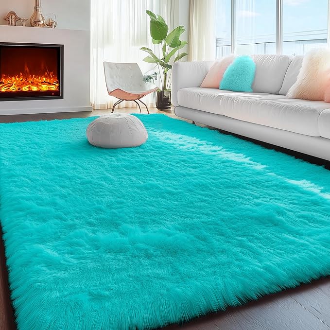 PAGISOFE Teal Rug Fluffy Shag Area Rugs for Bedroom Boys 5x7 Soft Fuzzy Shaggy Rugs for Living Room Nursery Carpet Indoor Floor Dorm Boys Girls Dorm Plush Kids Rug for Room Decor Aesthetic