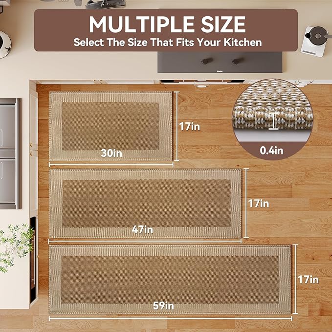 Kitchen Mats for Floor, Super Absorbent Kitchen Rugs Non Slip Washable, Soft Linen Braided Kitchen Runner Rug, Standing Mat Kitchen Sink Mat, Easy to Clean, Brown 17x47
