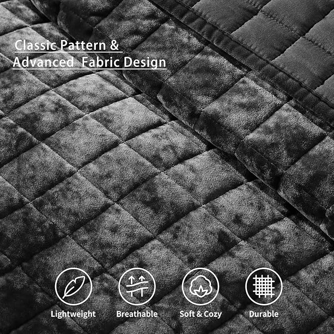 LEAONME Velvet Quilt California King-118''x106'', Lightweight Black Velvet Comforter Set with 2 Pillow Shams, Soft Oversized Bedspread Coverlet Quilted Bedding Set for All Season