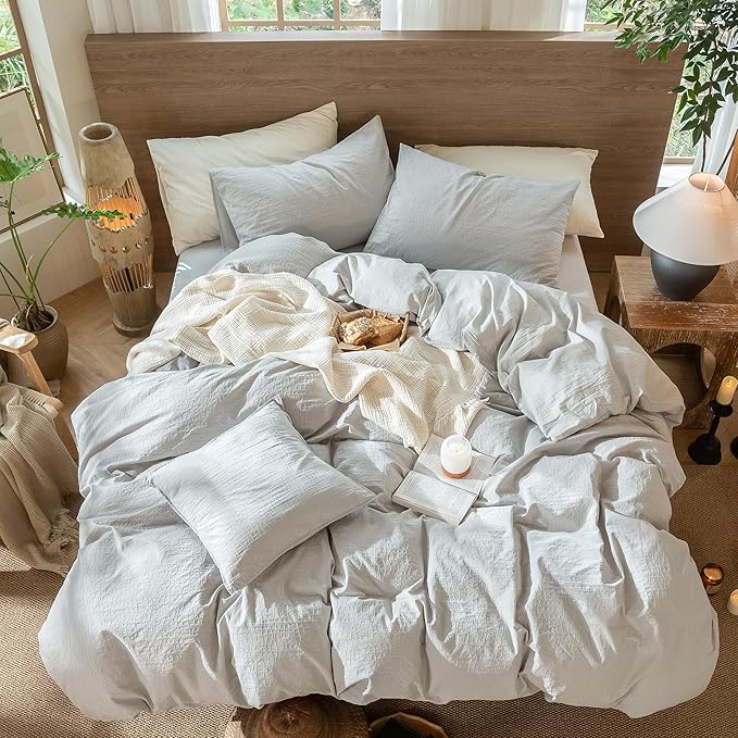 MooMee Wavy Striped Duvet Cover Set 100% Washed Cotton Linen Like Textured Breathable Durable Soft Comfy (Light Grey, Super King 108"x98")