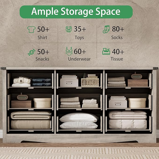 Dresser for Bedroom with 9 Drawers, 63" Wide Wood Chest of Drawers with Deep Drawers & Mental Handle, Modern Dresser TV Stand, Wooden Closet Storage Organizer for Living Room, Hallway, Entryway, Grey