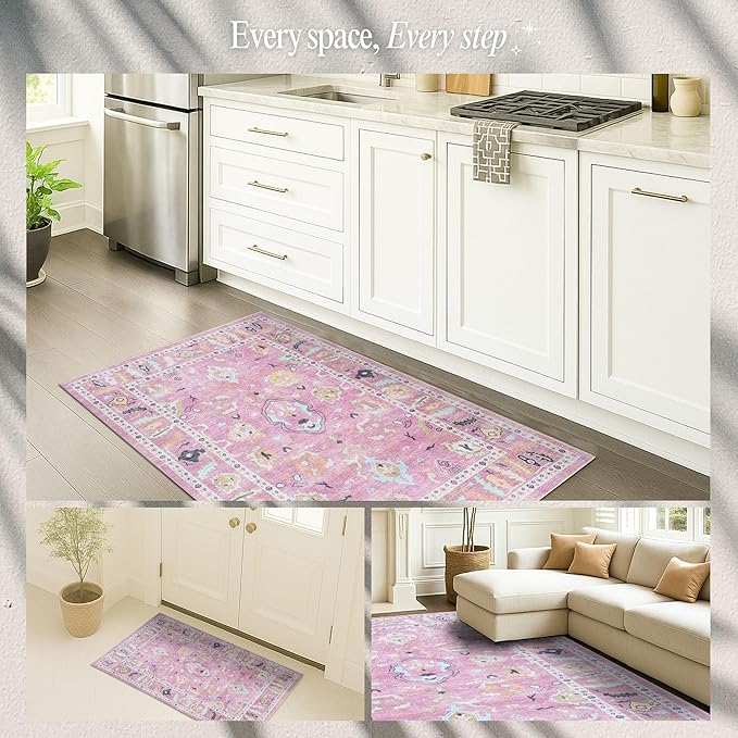 Fame Rugs Pink Modern Oushak Rug 2x3, Vintage Doormat Turkish Colorful Oriental Antique Inspired Washable Small Area Rug, Luxury Living Room Bedroom (995PP, 2' x 3')