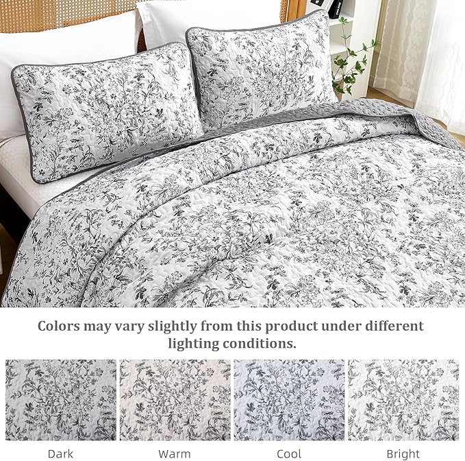 WONGS BEDDING Quilt Queen Size, Grey Quilt Bedding Set with 2 Pillowcases, Botanical Quilt for Queen Bed, Soft Microfiber Lightweight Coverlet Bedspread for All Season (96"×90", 3 Pieces)