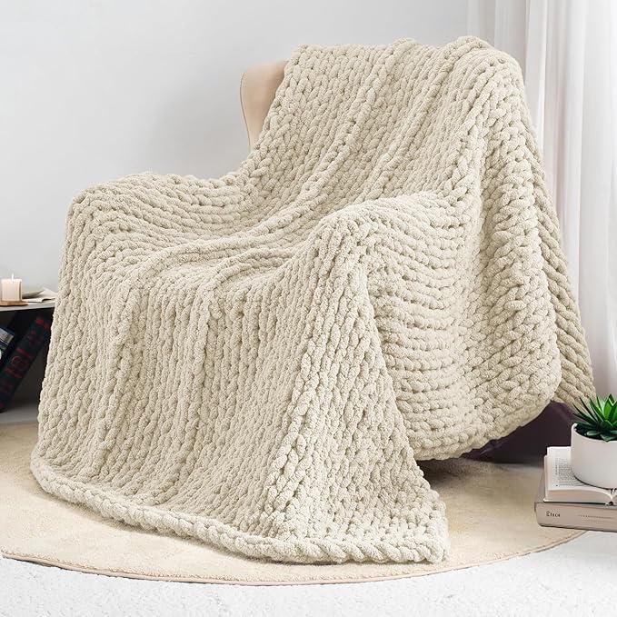 Chunky Knit Throw Blanket 60"X 80", 100% Handmade with Soft Chenille Yarn, 6.7lbs Thick Cable Knitted Blankets, Large Rope Knot Crochet Throws for Couch Sofa Bed Home Decor, Beige