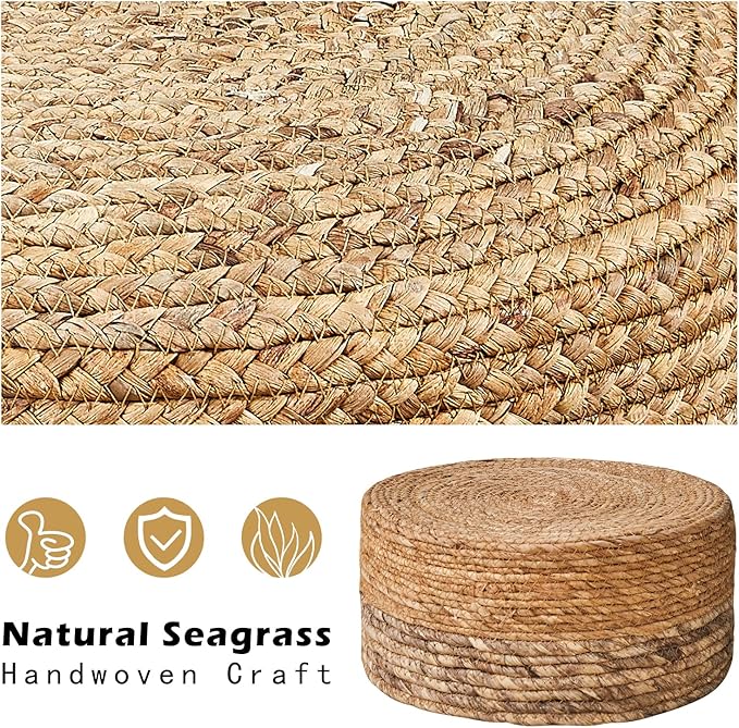 Wimarsbon Round Foot Stool Natural Seagrass Poufs Ottoman Hand Weave Footrest Stool for Couch Desk Extra Seat Step Stool with Solid Wood Legs for Hallway Patio Lounge Brown