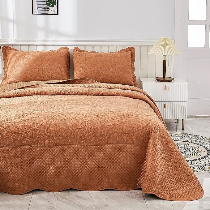 MarCielo 3-Piece 100% Cotton Oversized Bedspread Lightweight Quilt Coverlet Embroidery Farmhouse Bedding Set T0 (Royal Orange, Oversized Queen (100"x106"))