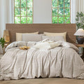 MooMee Gingham Duvet Cover Set 100% Washed Cotton Linen Like Textured Breathable Durable Soft Comfy Modern Checkered Design (Tannish Linen Grey Gingham, Palatial King/Oversized King 120"x98")