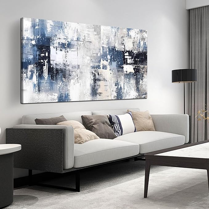 Prepeyssee White and Blue Abstract Canvas Wall Art for Living Room Bedroom Home Office Large Modern Grey Abstract Canvas Prints Picture Ready to Hang Size 29x59
