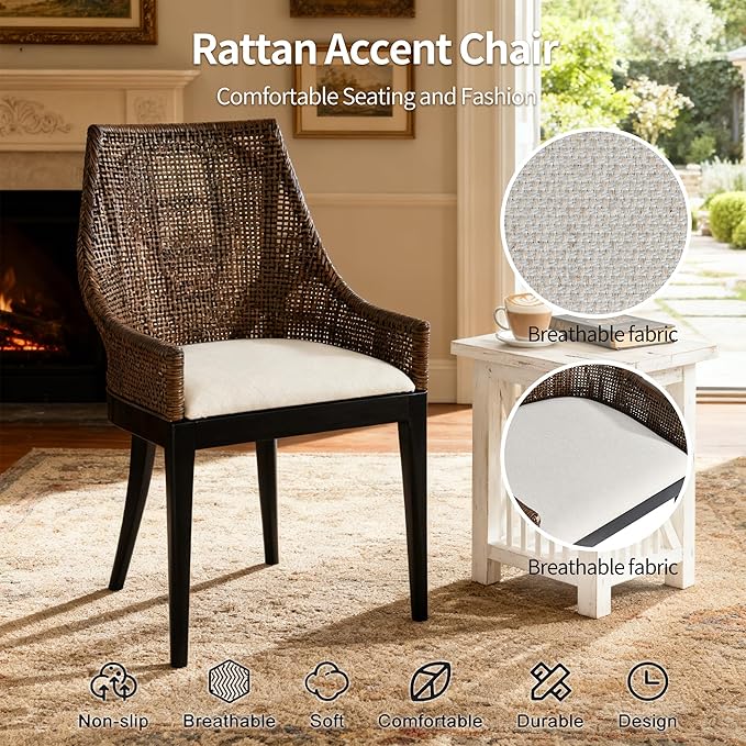 DUHOME Natural Cane Mesh Rattan Accent Chair, Tropical Coastal Woven Back Armchair with Beige Fabric Cushion & Black Tapered Wood Legs, Ergonomic Comfort for Living Room Dining Room Bedroom