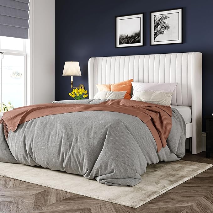 Allewie Queen Size Velvet Bed Frame/Vertical Channel Tufted Wingback Headboard/Upholstered Platform Bed/Strong Wooden Slats/No Box Spring Needed/Easy Assembly/White