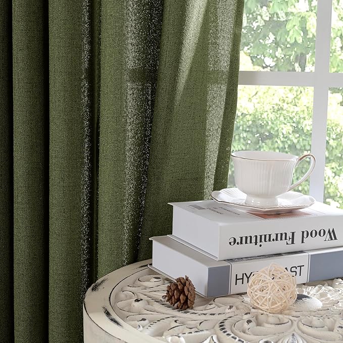 YoungsTex Olive Linen Curtains 80 Inch Length for Living Room, Light Filtering Window Drapes with Bronze Grommet Textured Privacy for Bedroom Farmhouse Decorative, 52 x 80 Inch, 2 Panels