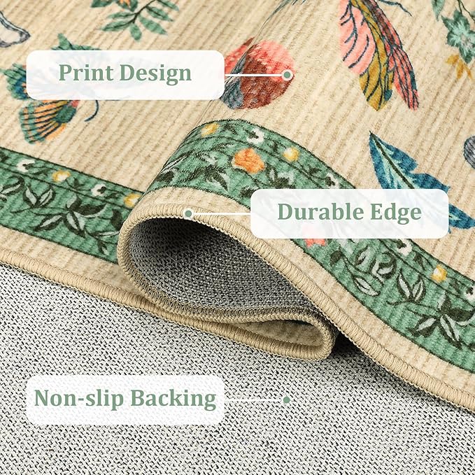 Mushroom Insect Washable Rug 5x7 Area Rugs for Bedroom Non Slip with Rubber Back Low Pile Stain Resistant Butterfly Carpet for Living Room Nursery Kitchen Dining Room Khaki Green
