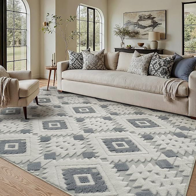 Ivory Grey 5x7 Area Rug Washable Living Room Moroccan Shag Carpet Non Slip Soft Neutral Boho Plush Pile Large Throw Rug for Kitchen Office Dining Room Bedroom Laundry