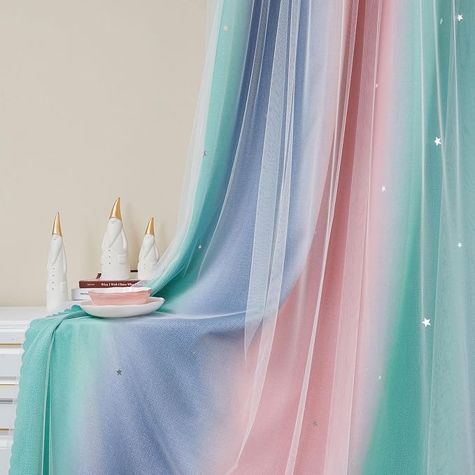 XiDi Curtains for Bedroom Decor, Rainbow Pinkgreen grey52/54