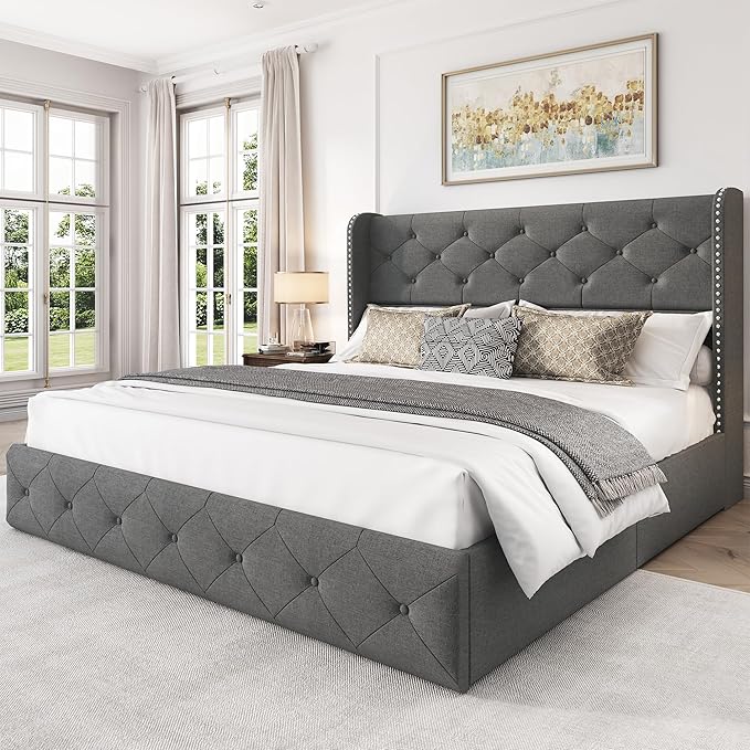 LARMACE Full Size Bed Frame with 4 Storage Drawers and Wingback Headboard Linen Upholstered Platform Bed Frame Tufted Beds with Wooden Slats Support, Easy Assembly, Light Grey