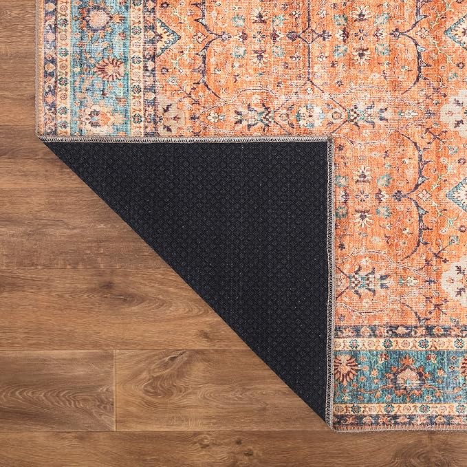 Bloom Rugs Washable Non-Slip 2' x 3' Rug - Orange/Teal Blue Traditional Bordered Area Rug for Living Room, Bedroom, Dining Room, and Kitchen - Exact Size: 2' x 3'