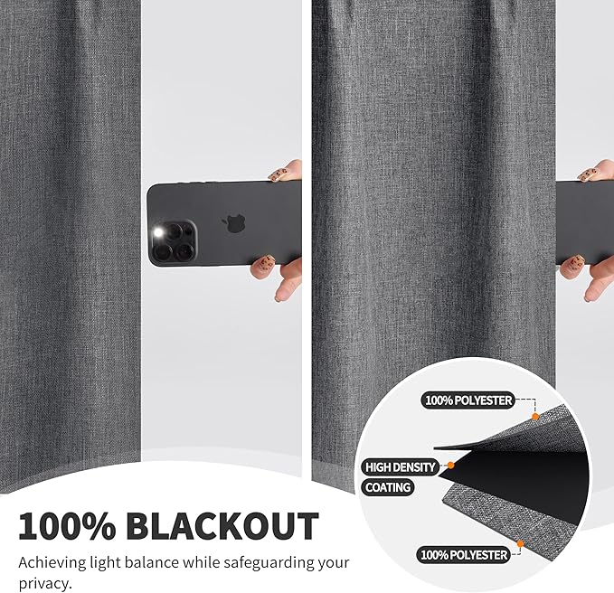 WdFour 42x63 Inch Pinch Pleated Blackout Curtains - Pack of 2, 100% Light Blocking Thermal Insulated Drapes with Textured Weave, Extra Long Back Tab Window Panels for Living Room & Bedroom,Dark Gray.