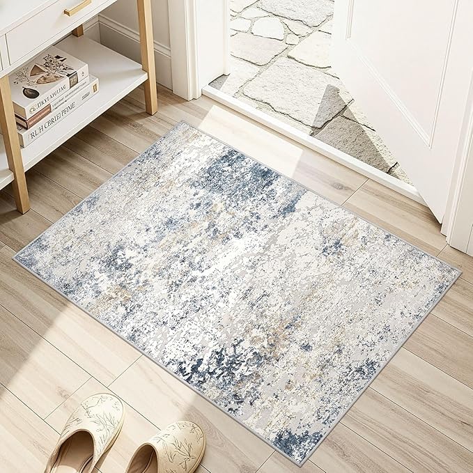 2x3 Entryway Area Rug: Washable Neutral Modern Abstract Small Rug - Non-Slip Low Pile Throw Indoor Carpet for Entrance Kitchen Front Door Mat Bathroom Entry Kids Room - Beige Blue