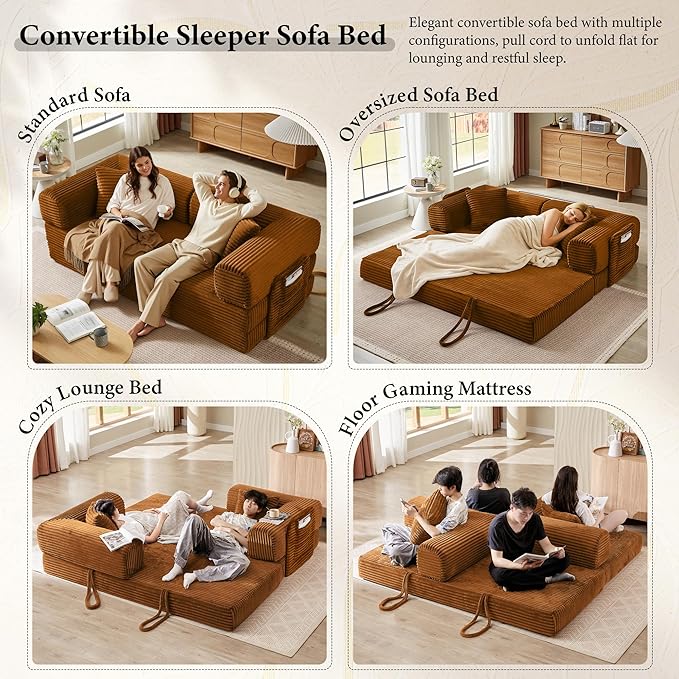 Boneless Couch Folding Couches for Living Room Sofa, Futon Sofa Bed with Sleeper Sofa, Futon Couch with Fixed-Shape Oversized Corduroy Upholstered (Orange, 81 Inches)
