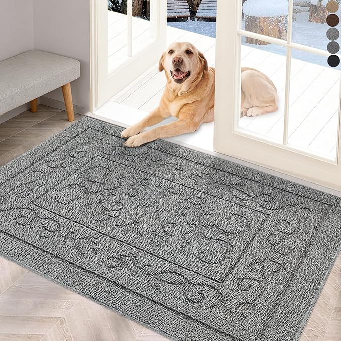 FONEYI Indoor Door Mat, Front Back Door Mat 20"x32" Non-Slip Rubber Backing Door Rug, Machine Washable Entry Rug, Low Profile Absorbent Dirt Trapper Doormat Inside Floor Mats for Entryway, Light Grey