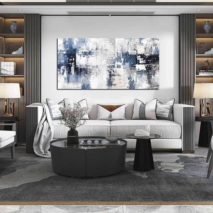 Prepeyssee White and Blue Abstract Canvas Wall Art for Living Room Bedroom Home Office Large Modern Grey Abstract Canvas Prints Picture Ready to Hang Size 24x48