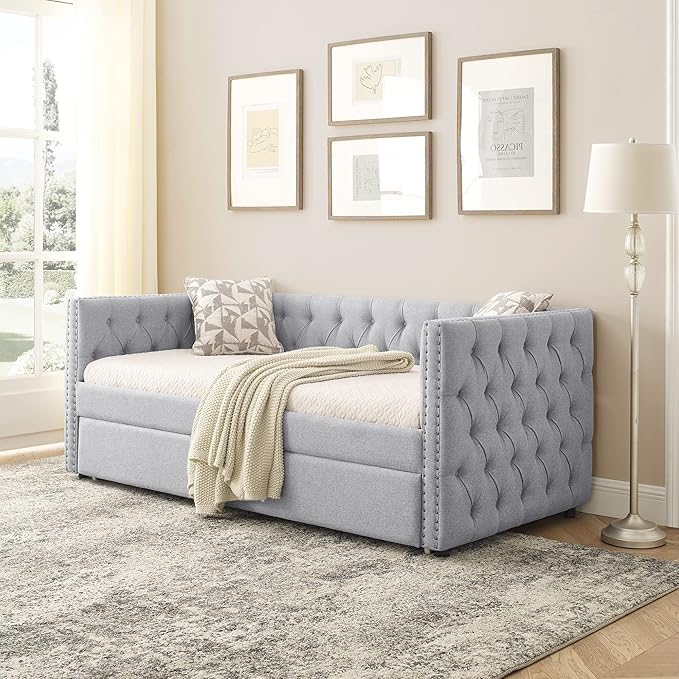 Antetek Daybed with Trundle, Upgraded Linen Upholstered Twin Size Day Bed Button-Tufted Sofa Daybed Frame with A Trundle,No Box Spring Needed,Furniture for Bedroom Living Room (Light Grey, Twin)