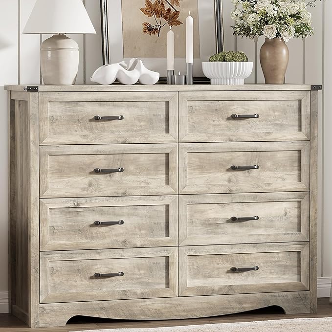 Dresser for Bedroom with 8 Drawers, 54" Wide Wood Chest of Drawers with Deep Drawers & Mental Handle, Modern Dresser TV Stand, Wooden Closet Storage Organizer for Living Room, Hallway, Entryway, Grey