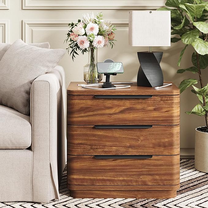 Nightstands Set of 2, Bedside Table with 3 Storage Drawers, 24" Tall Wood Night Stand with Charging Station, Modern Wide End Table Side Table W/Metal Handle Curved Profile for Bedroom