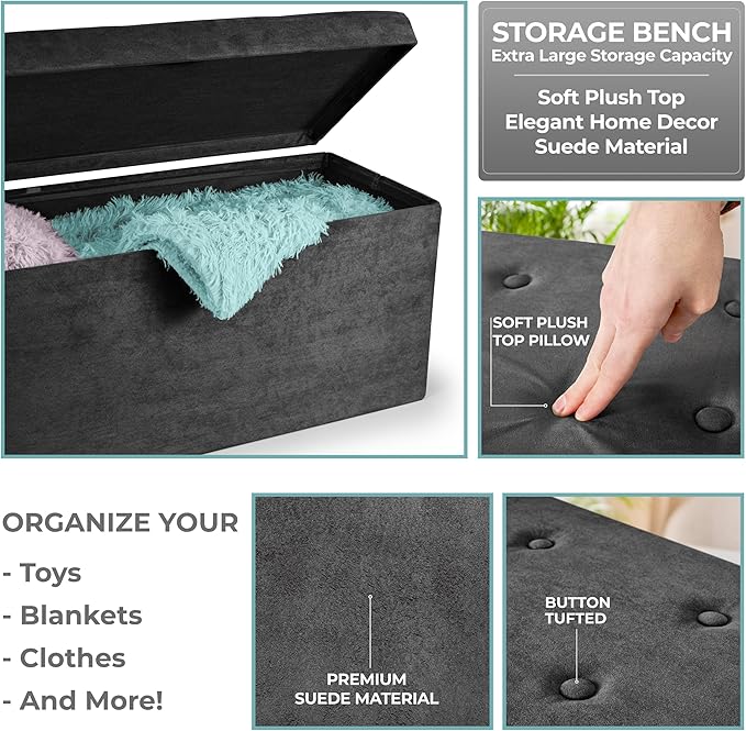 Sorbus Storage Ottoman Bench – Collapsible/Folding Bench Chest with Cover – Perfect Toy and Shoe Chest, Hope Chest, Pouffe Ottoman, Seat, Foot Rest, – Contemporary Faux Suede (Black)