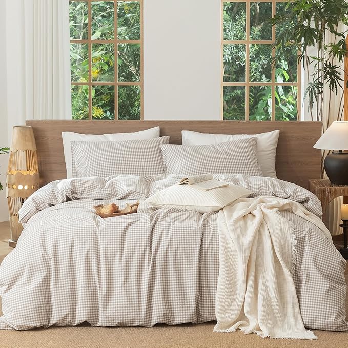 MooMee Gingham Duvet Cover Set 100% Washed Cotton Linen Like Textured Breathable Durable Soft Comfy Modern Checkered Design (Mini Gingham Tannish Linen Grey, Cal King 104"x98")