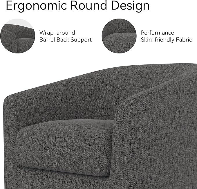 Swivel Barrel Accent Chair with Solid Wood Base, Round Fabric Living Room Arm Chairs, Modern Upholstered Comfty Reading Nook Chairs for Bedroom, Club Armchair, Single Sofa Side Chair, Grey